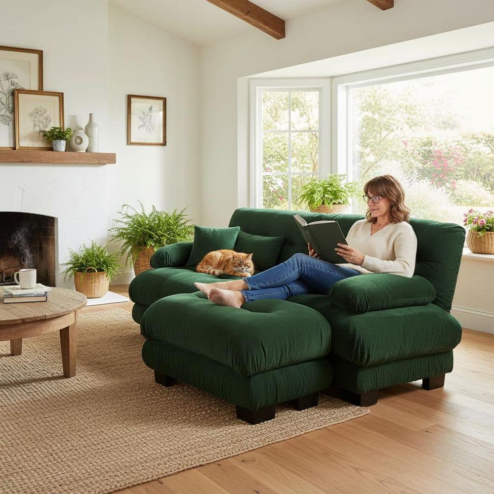 Woman relaxing on a green sectional sofa.