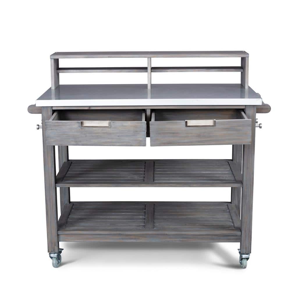 Gray Acacia Wood Potting Bench with Galvanized Steel Top