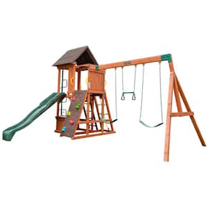 Raptor Trail Wooden Swing Set/Playset with Twisty Ladder, Wavy Slide and Rock Wall