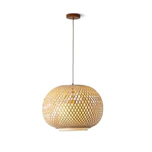 FOS 1- Light Pendant Light 19.5 in. Natural Woven Bamboo + Linen Shade and Brushed Bras + Walnut Accents, Adjustable