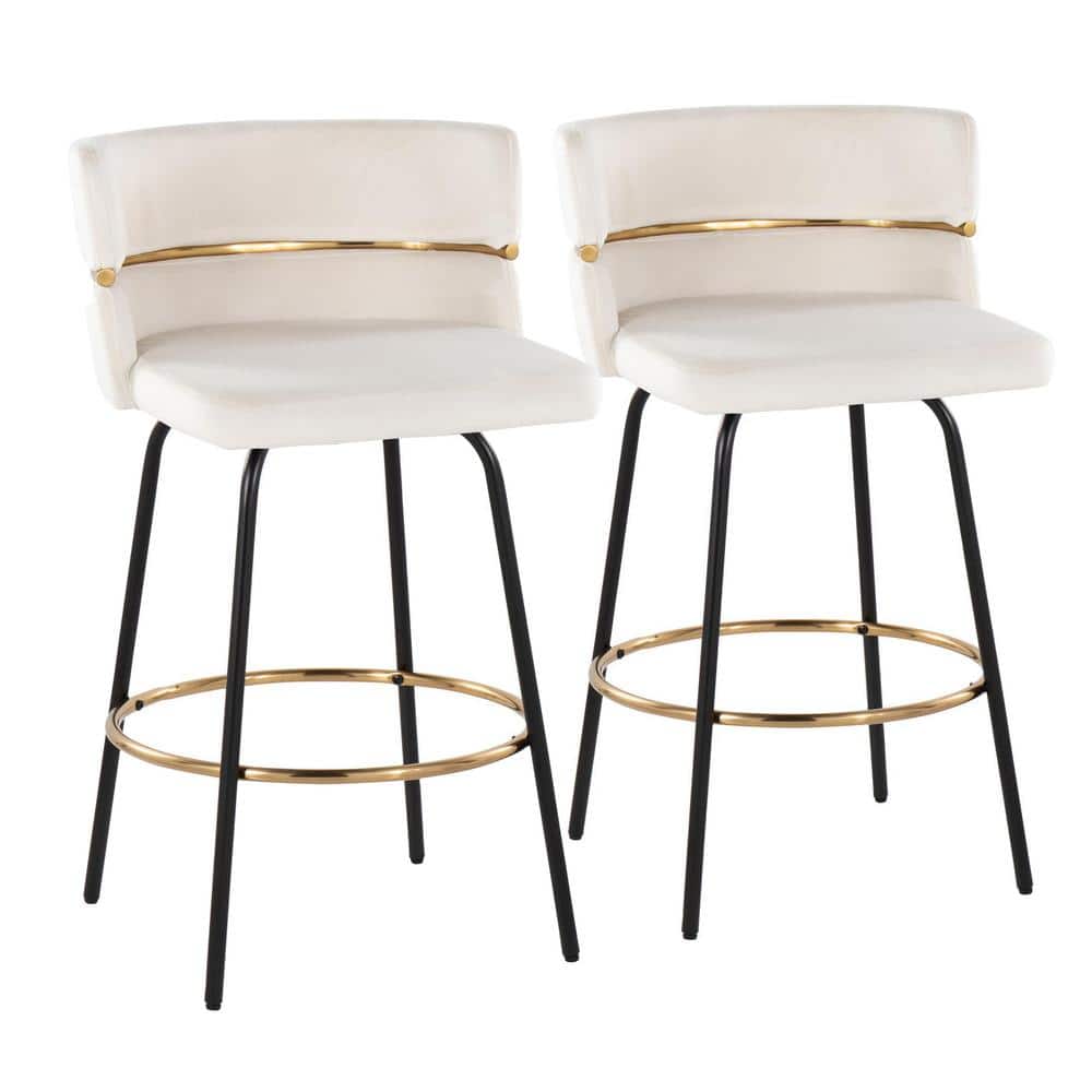 Cinch 26" White Velvet Swivel Counter Stools with Gold Footrest