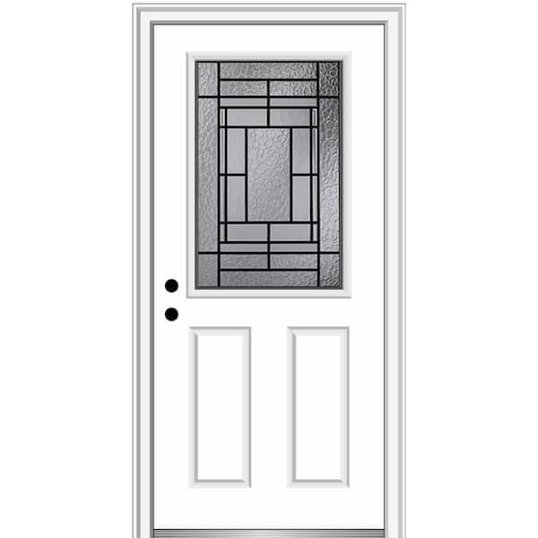 MMI DOOR Pembrook 36 in. x 80 in. 2-Panel Right-Hand Inswing 1/2 Lite Decorative Glass Primed Fiberglass Prehung Front Door