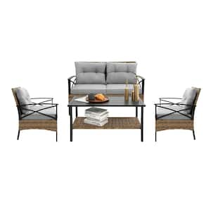 4-Piece Wicker Patio Conversation Sofa Set Rattan Sectional Seating Set with Steel Frame and Gray Cushions