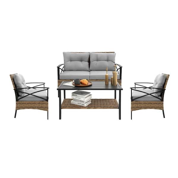 Kahomvis 4-Piece Wicker Patio Conversation Sofa Set Rattan Sectional Seating Set with Steel Frame and Gray Cushions