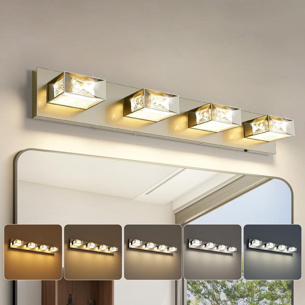 27.95 in. Nickle 4-Light Dimmable Crystal Bathroom Vanity Light with 5-CCT Adjustable Switch and 350° Swivel Range price history on PriceWatchPro