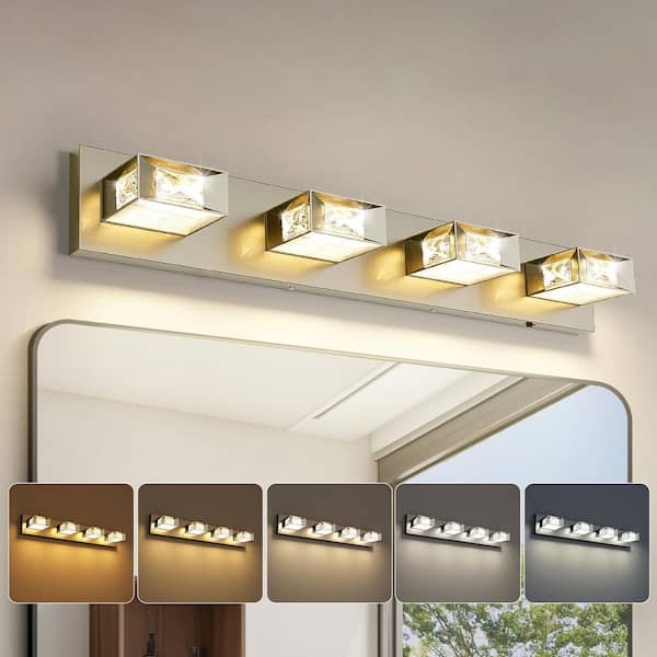 27.95 in. Nickle 4-Light Dimmable Crystal Bathroom Vanity Light with 5-CCT Adjustable Switch and 350° Swivel Range