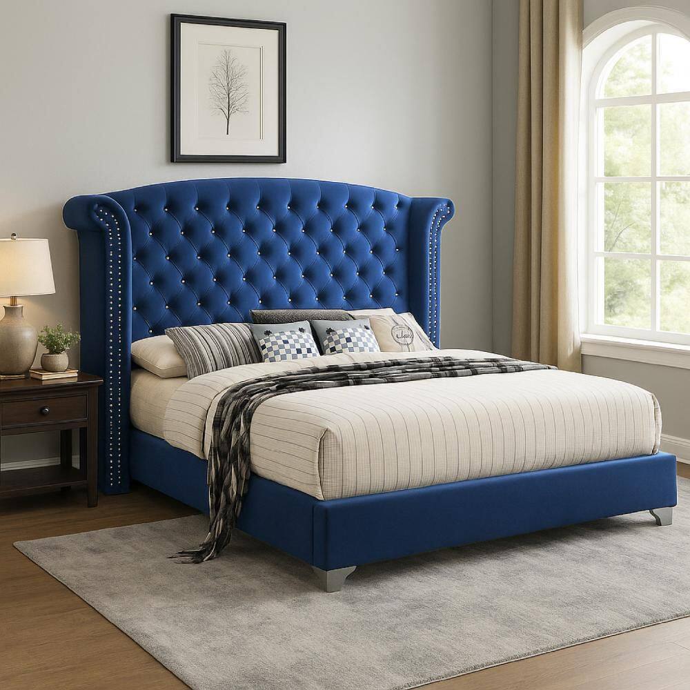 Benjara Giya Blue and Nickel Wood Frame Queen Panel Bed with