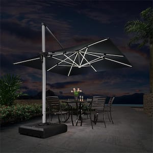 11 ft. Square Aluminum Solar Powered LED Patio Cantilever Offset Umbrella with Base, Gray