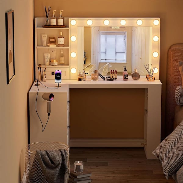 PAKASEPT White Makeup Vanity Set with Mirror, Corner Vanity Desk With  Lights, 3-Color Lighting, Power Strip Hooks, Hidden Shelves TTB1043wxx