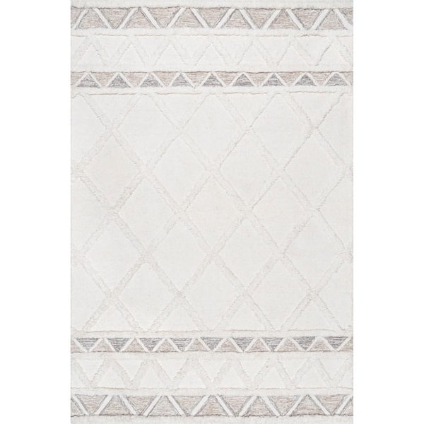 Kenna Wool Shaggy High-Low Geometric Trellis Ivory 6 ft. x 9 ft. Area Rug