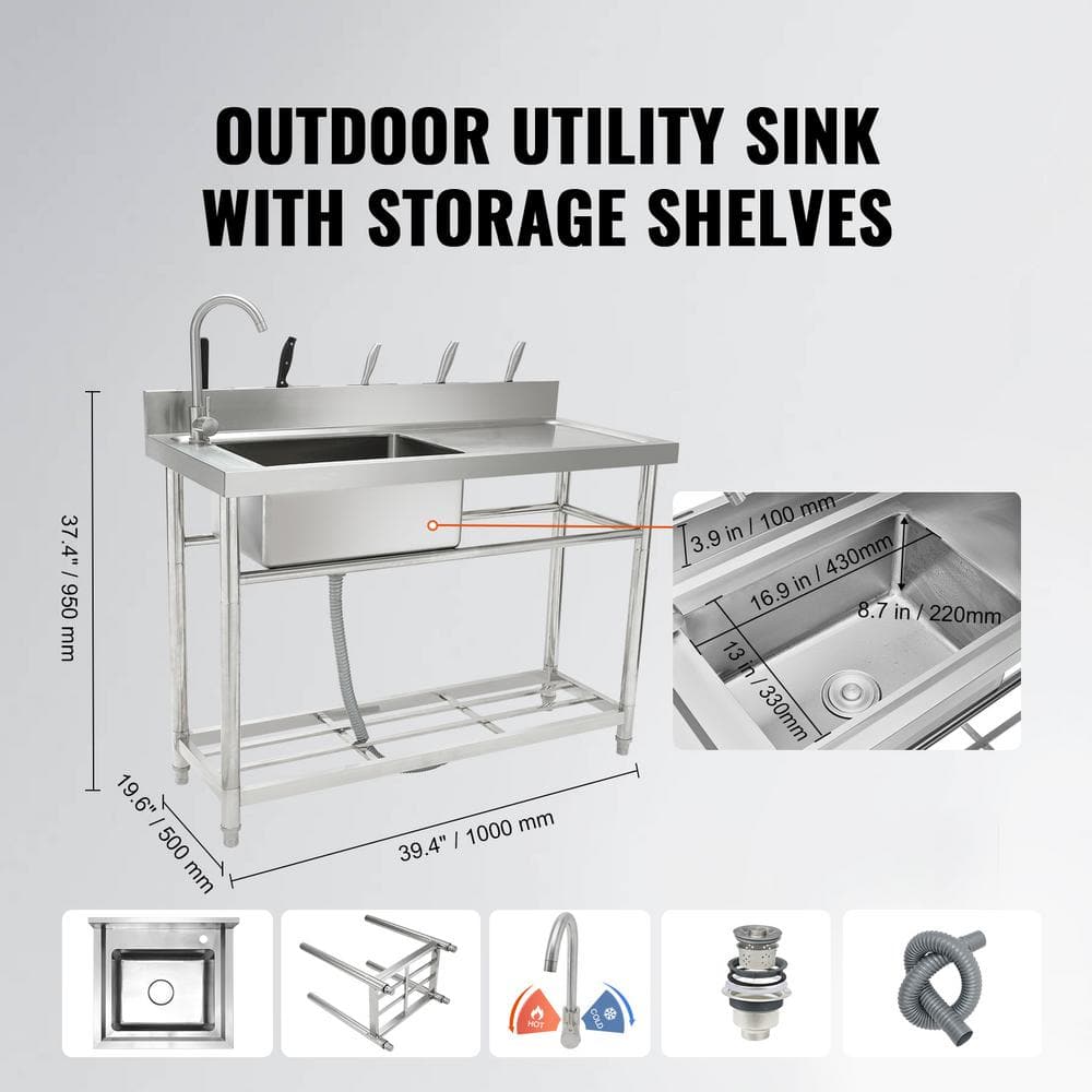 Freestanding Stainless Steel Single Bowl Utility Sink with Worktop