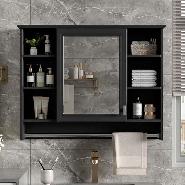 36 in. W x 28.7 in. H Rectangular MDF Medicine Cabinet with Mirror,Adjustable Shelf and Towels Bar,Black