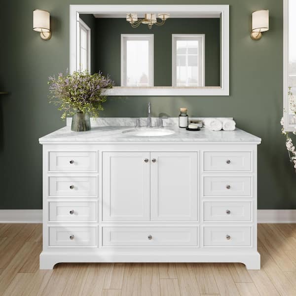 Wyndham Collection Deborah 60 in. Single Vanity in White with Marble Vanity Top in White Carrara with White Basin and 58 in. Mirror