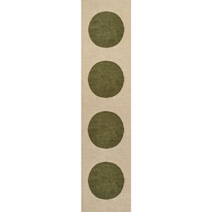 Cirkel Minimalist Geometric Dot Machine-Washable Cream/Olive 2 ft. x 8 ft. Area Rug