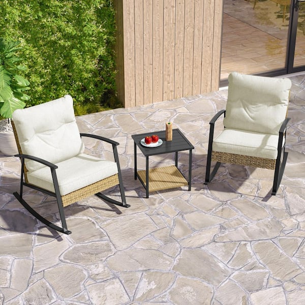 3 Piece Patio Rocking Bistro Set, Outdoor Porch Furniture Patio Chairs (Set of 2) with Side Table and Beige Cushions