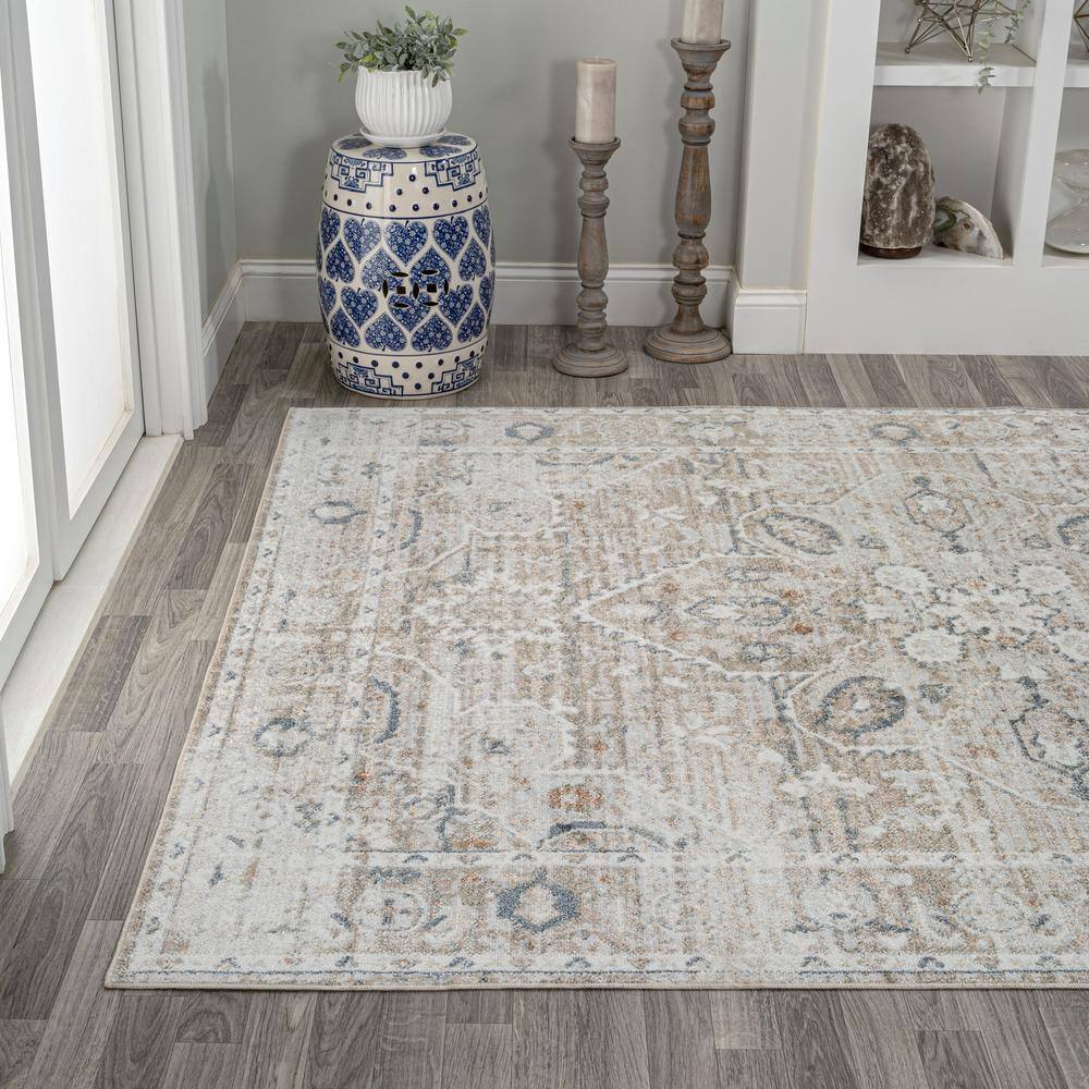 Light Gray and Brown Medallion Washable Synthetic Area Rug 4' x 6'
