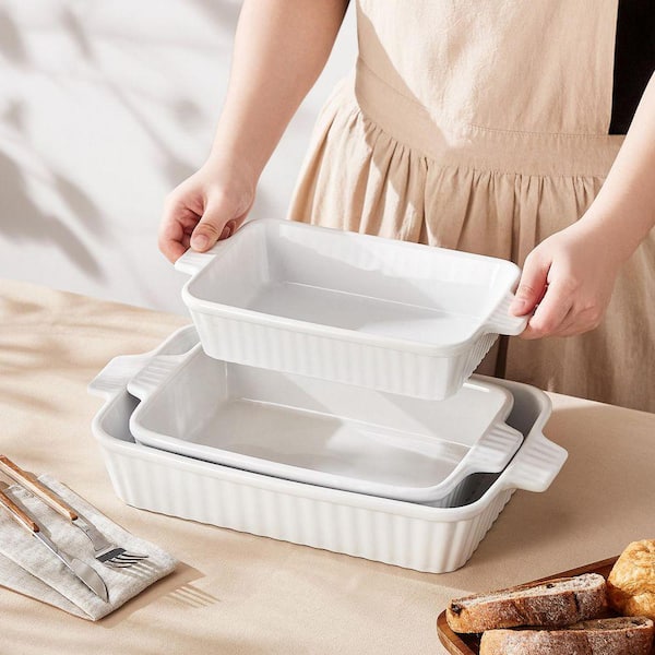 MALACASA 3-Piece White Rectangular Porcelain Baking Dish Set with
