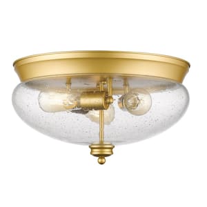 13.25 in. 3-Light Satin Gold Flush Mount with Clear Seedy Shade