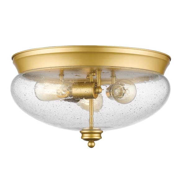 Unbranded 13.25 in. 3-Light Satin Gold Flush Mount with Clear Seedy Shade