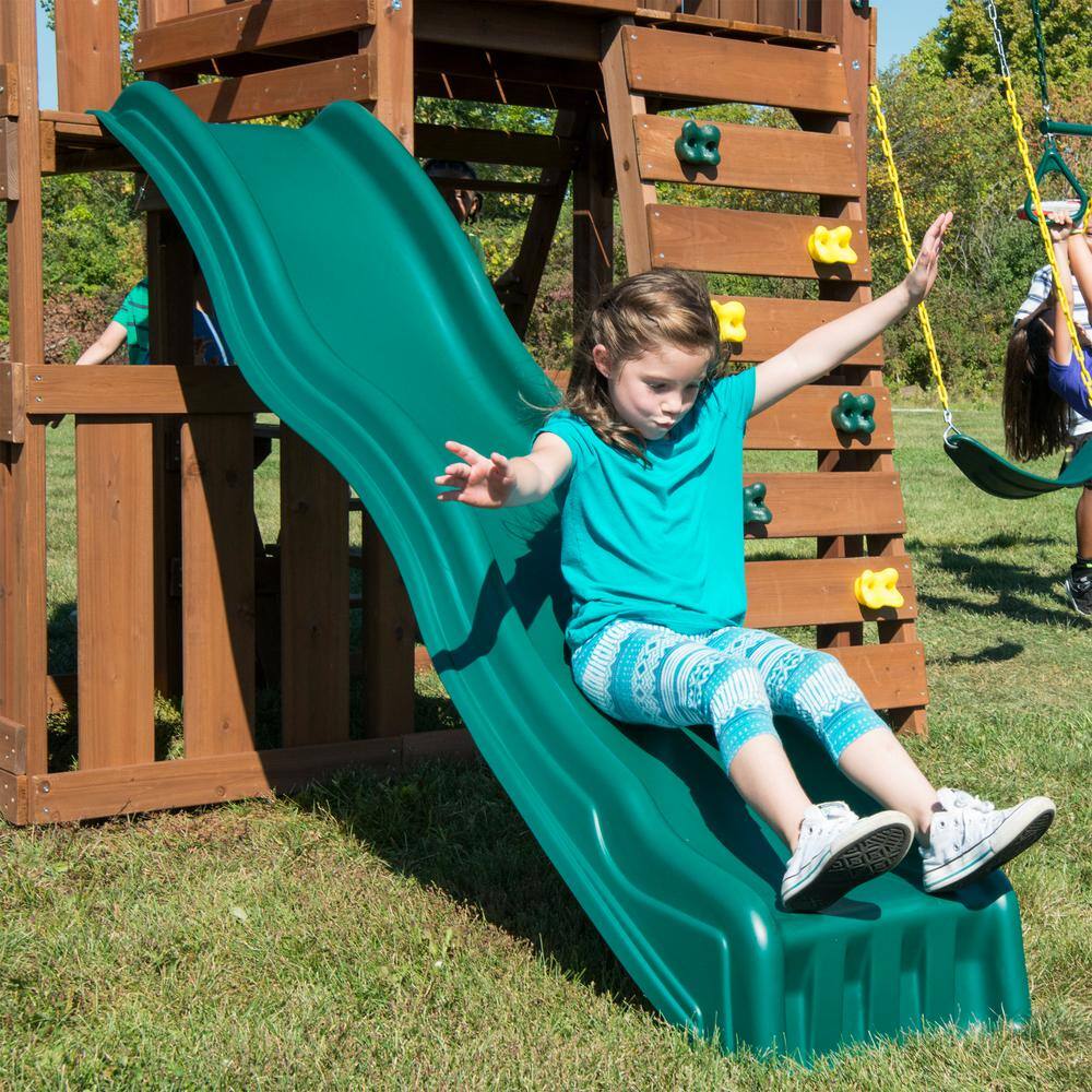 Elkhorn Wooden Backyard Swing Set with Slide and Climbing Wall