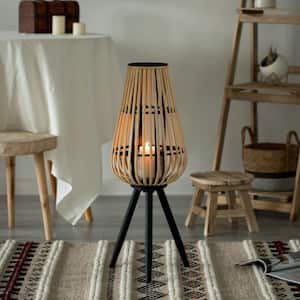 Black Indoor and Outdoor Modern Natural Bamboo Decorative Lantern with Stand and Glass Candle Holder