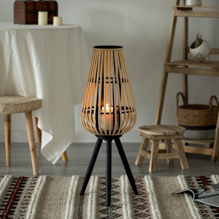 Vintiquewise Black Indoor and Outdoor Modern Natural Bamboo Decorative Lantern with Stand and Glass Candle Holder