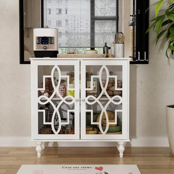 FUFU&GAGA White Wooden Sideboard, Food Pantry, Storage Cabinet, Bookcase with Tempered Glass Doors And 2 Shelves