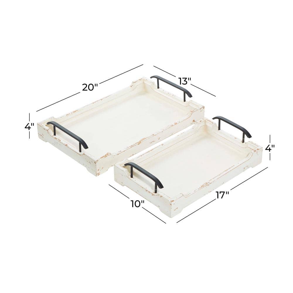 White Distressed Pine Wood Decorative Trays with Metal Handles, Set of 2