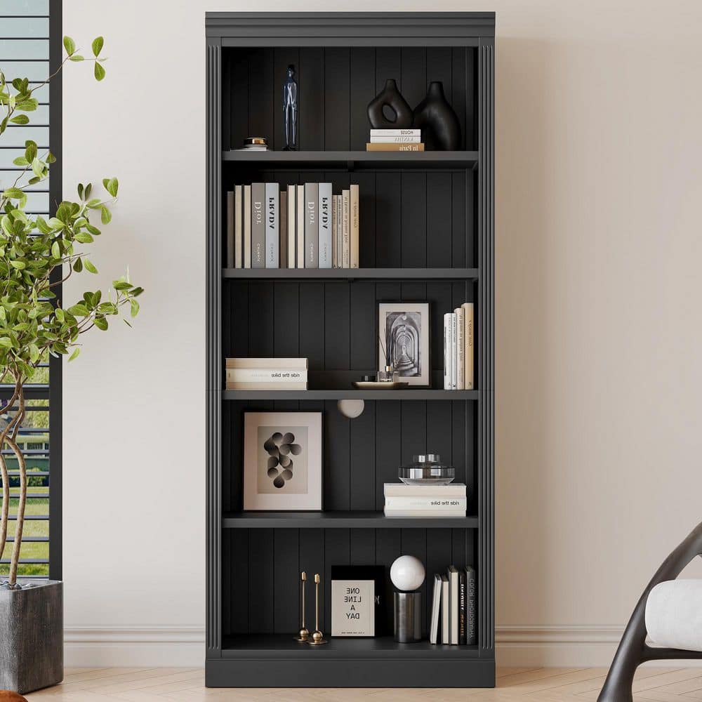 35.83 in. Tall Black Solid Wood Bookcase with Light Strip, Adjustable Shelves and Storage Organizer