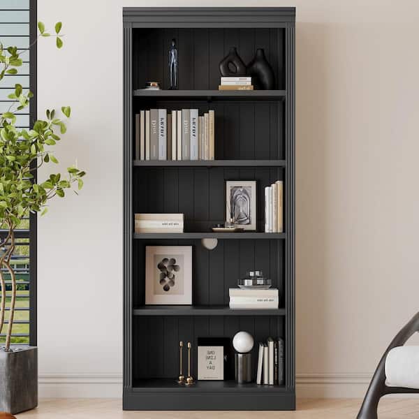 83.4 in. Tall Black Solid Wood Bookcase with Light Strip, Adjustable Shelves and Storage Organizer