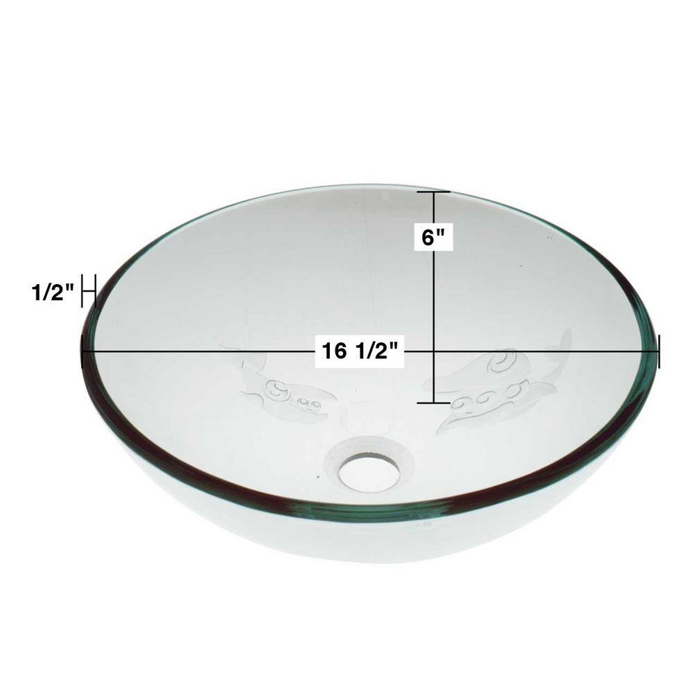 16.5'' Clear Frosted Glass Vessel Bathroom Sink with Etched Fish