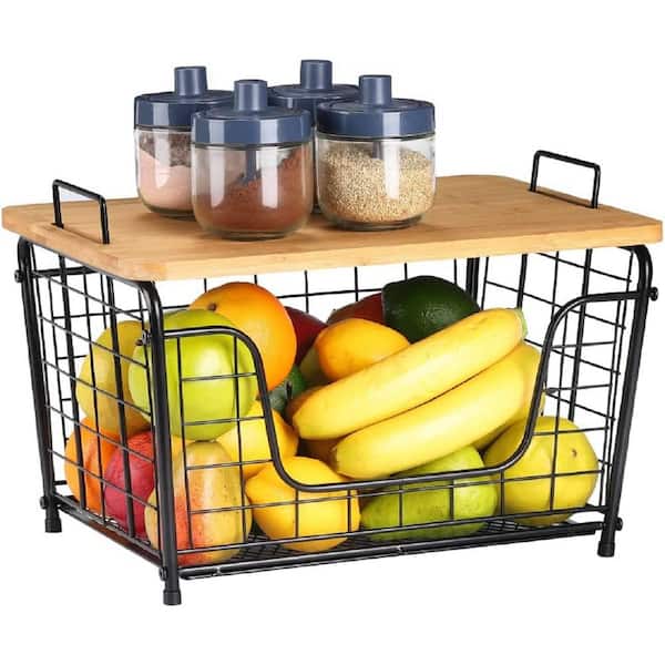 Fruit Basket Kitchen Pantry Organizers and Storage - Wooden Top Table,  Stackable Metal Wire Basket Stand Cart for Fruit Vegetable Snacks Jars Bins