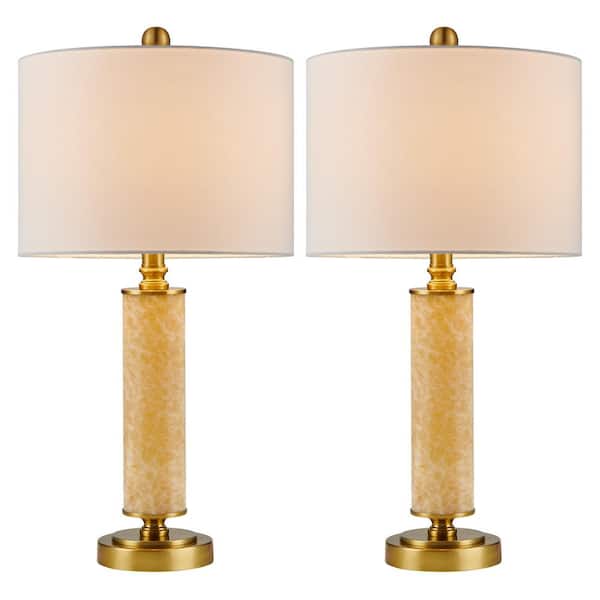 KAWOTI 23.75 in. Antique Brass Marble Table Lamp Set with Rotary Switch and Shade (set of 2)