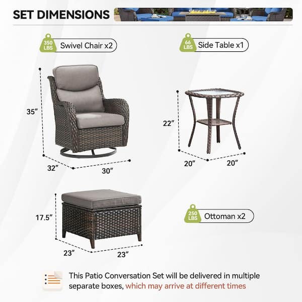 Luxury Brown Swivel Glider Wicker Patio Conversation Set with Gray Olefin 5 in. Thick Cushions/Ottoman (5-Piece)