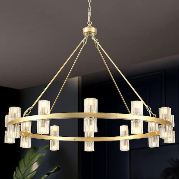 24-Light 40.55 in. Gold Modern Farmhouse Wagon Wheel Chandelier with K9 Crystal Shade For Kitchen Island Restaurant