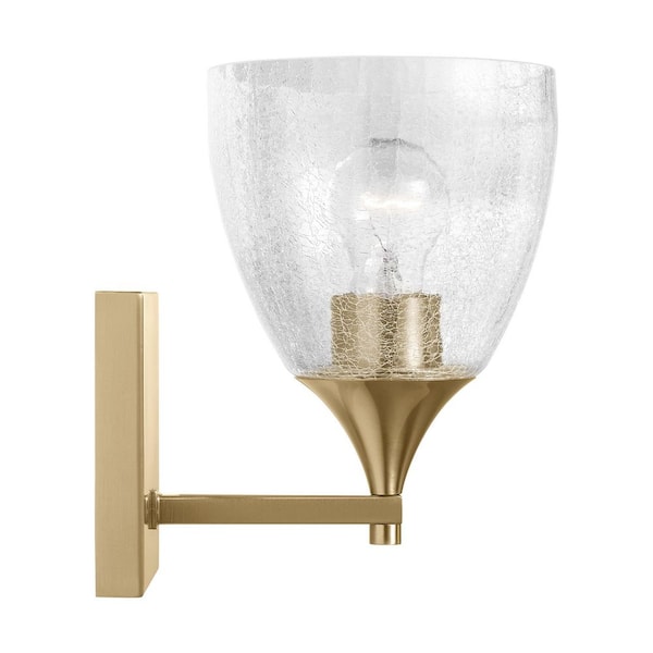 Toffino 6 in. W x 8.875 in. H 1-Light Satin Brass Modern Wall Sconce with Clear Crackle Glass Shade