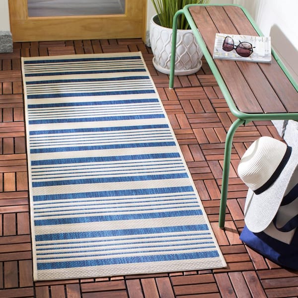 Courtyard Navy/Beige 2 ft. x 12 ft. Striped Indoor/Outdoor Patio  Runner Rug