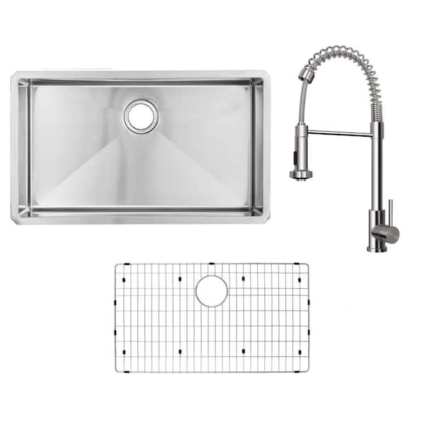 32 in. Handmade Tiny Radius Undermount Single Bowl 16 Gauge Stainless Steel Kitchen Sink with Pull Down Sprayer Faucet