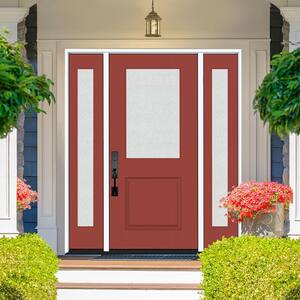 Legacy 64 in. x 80 in. 1/2 Lite Rain Glass LHOS Primed Morocco Red Finish Fiberglass Prehung Front Door w/Dbl 12 in. SL