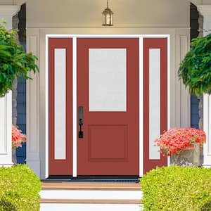 Legacy 68 in. x 80 in. 1/2 Lite Rain Glass LHOS Primed Morocco Red Finish Fiberglass Prehung Front Door w/Dbl 14 in. SL