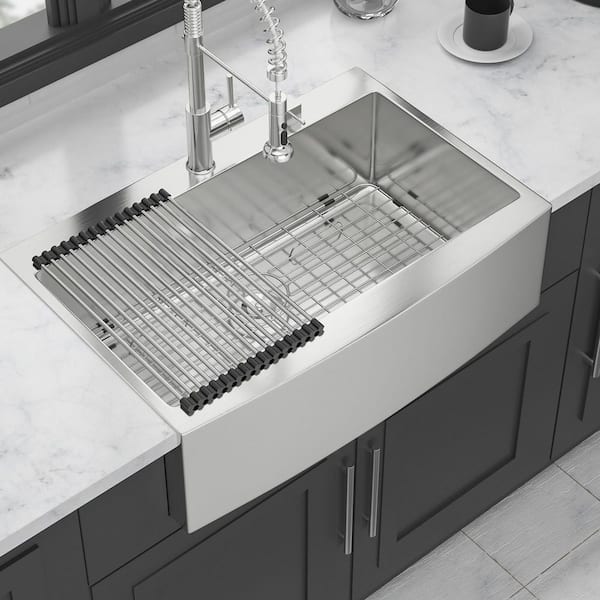 33 in. Farmhouse Single Bowl 16-Gauge Brushed Nickel Stainless Steel Kitchen Sink with Bottom Grids