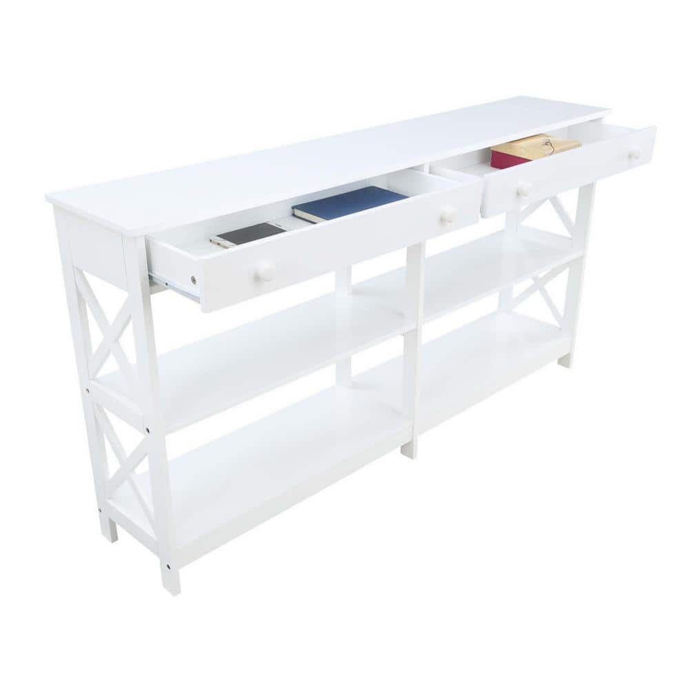 Oxford White 60" Console Table with Storage Shelves and Drawers