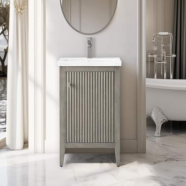 20 in. W x 15.7 in D x 34 in. H Single Sink Bath Vanity Cabinet in Linear Driftwood Gray with White Ceramic Top