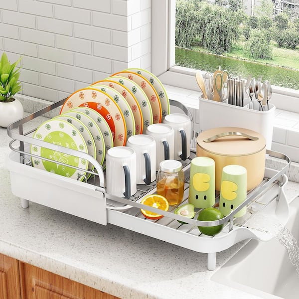 White Dish Drying Rack, Expandable Dish Rack for Kitchen Counter, Dish Drainer with Utensil Holder and Raised Guardrail