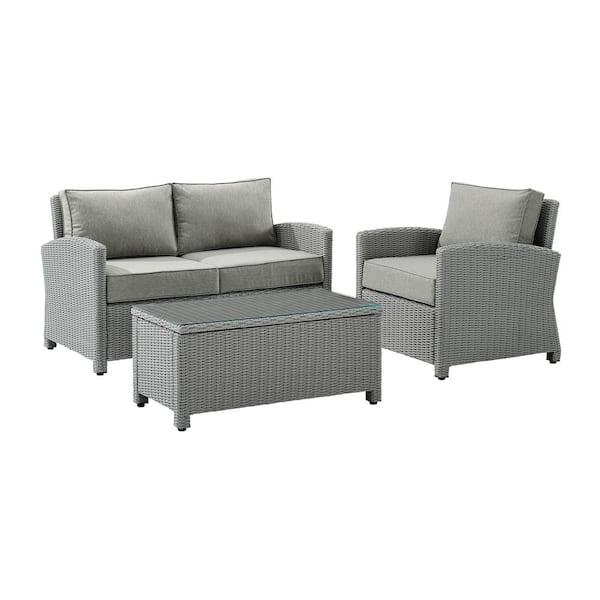 Bradenton Gray 3-Piece Wicker Patio Conversation Set with Gray Cushions