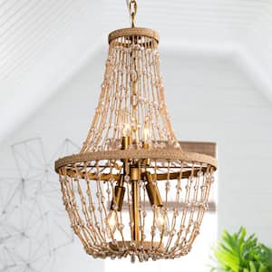 Modern Farmhouse 4-Light Antuque Gold Rope Empire Chandelier with Crystal Accents for Living Room