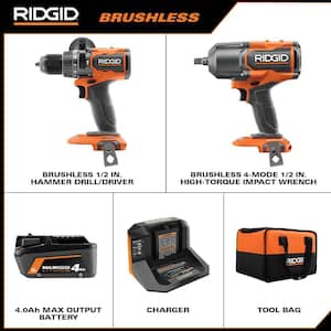 18V Brushless Cordless 2-Tool Combo Kit with High-Torque Impact Wrench, Hammer Drill/Driver, 4.0 Ah Battery, and Charger