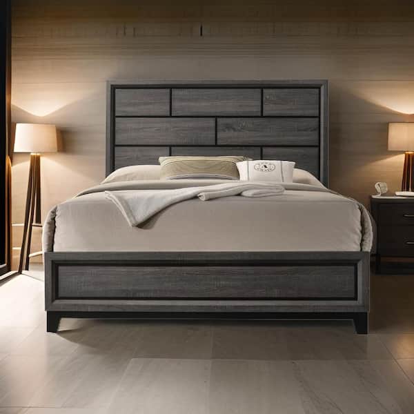 Erica Gray and Black Wood Frame Full Panel Bed with Panel Style Headboard