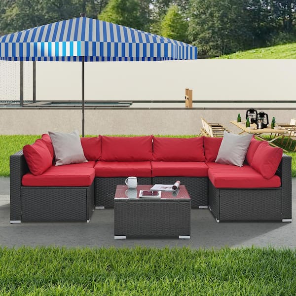 Sudzendf Dark Gray 7-Piece Outdoor Wicker Patio Conversation Set with Red Cushions and Glass Coffee Table
