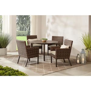 Fernlake Brown Wicker Outdoor Patio Stationary Dining Chair with CushionGuard Putty Tan Cushions (2-Pack)